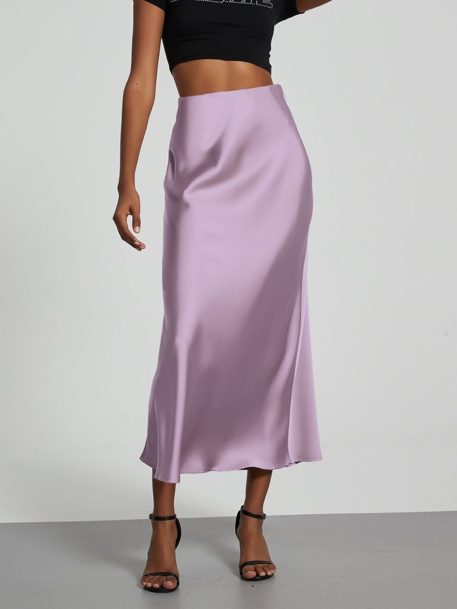 European American style satin midi skirt by Mandotos International, in stock, featuring a sleek, elegant design for fashionable wear.