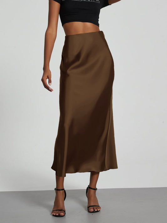 European American style satin midi skirt by MANDOTOS INTERNATIONAL, showcasing a smooth, flowing fabric and elegant design.