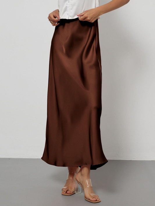 European American style satin midi skirt by Mandotos International, shown in a sleek, flowing design suitable for stylish wear.