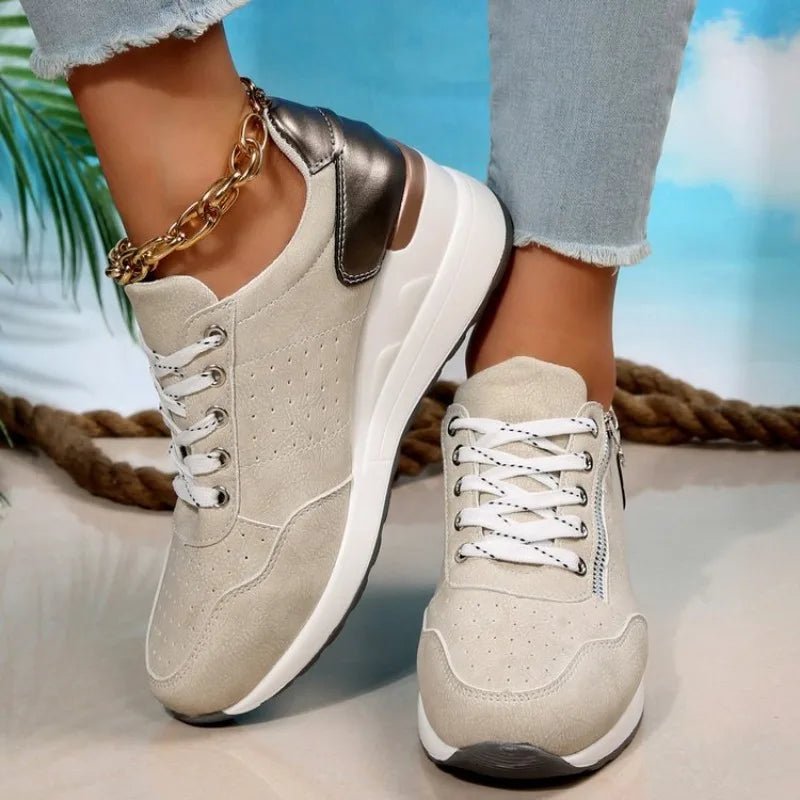 Mandotos International fashionable lace-up sneakers with zipper detail and medium heel height, stylish and comfortable footwear.