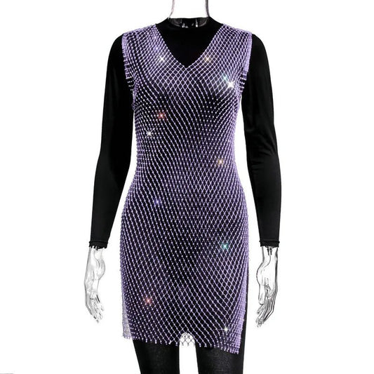 Rose red fishnet V-neck dress with rhinestones, diamond accents, perfect for parties, by MANDOTOS INTERNATIONAL.