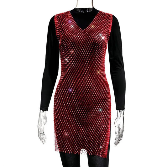 Rose red fishnet V-neck dress with rhinestone accents, designed for women, perfect for parties and special events.