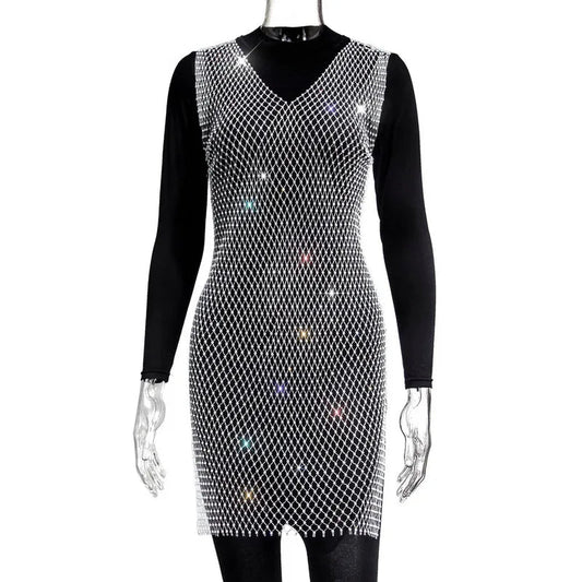 Mandotos International V-neck rose red fishnet dress with rhinestones and diamond accents, perfect for party or evening wear.