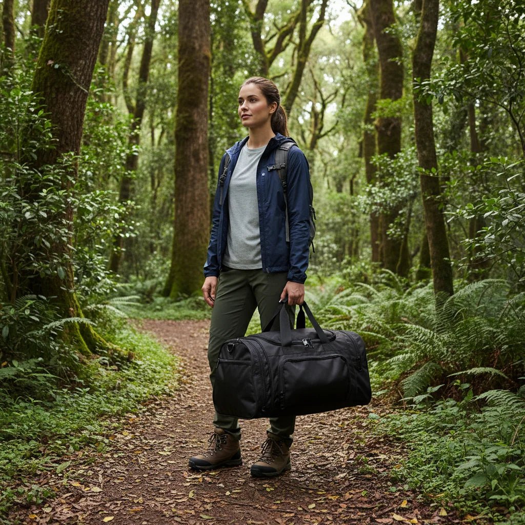 Large foldable unisex duffel bag by Mandotos International with shoe compartment and spacious interior for travel or gym use.