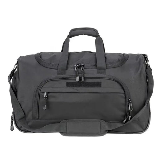 Large capacity foldable unisex duffel bag from MANDOTOS INTERNATIONAL with shoe compartment and sturdy handles.