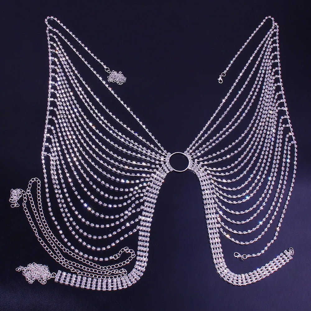 Mandotos International geometric bikini chest chain with crystal and rhinestone accents, featuring a modern, stylish design.