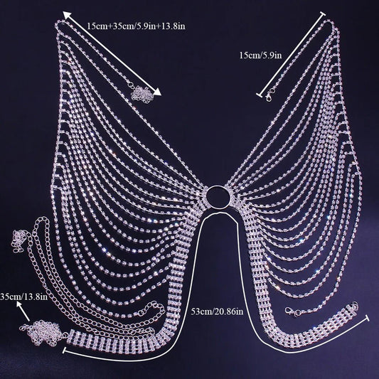 Geometric bikini chest chain with crystal and rhinestone accents, designed by MANDOTOS INTERNATIONAL, featuring sparkling embellishments.