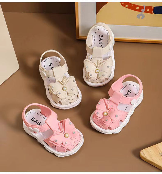 Girls' summer sandals by MANDOTOS INTERNATIONAL, non-slip soft sole baby princess beach shoes for infants and little girls.