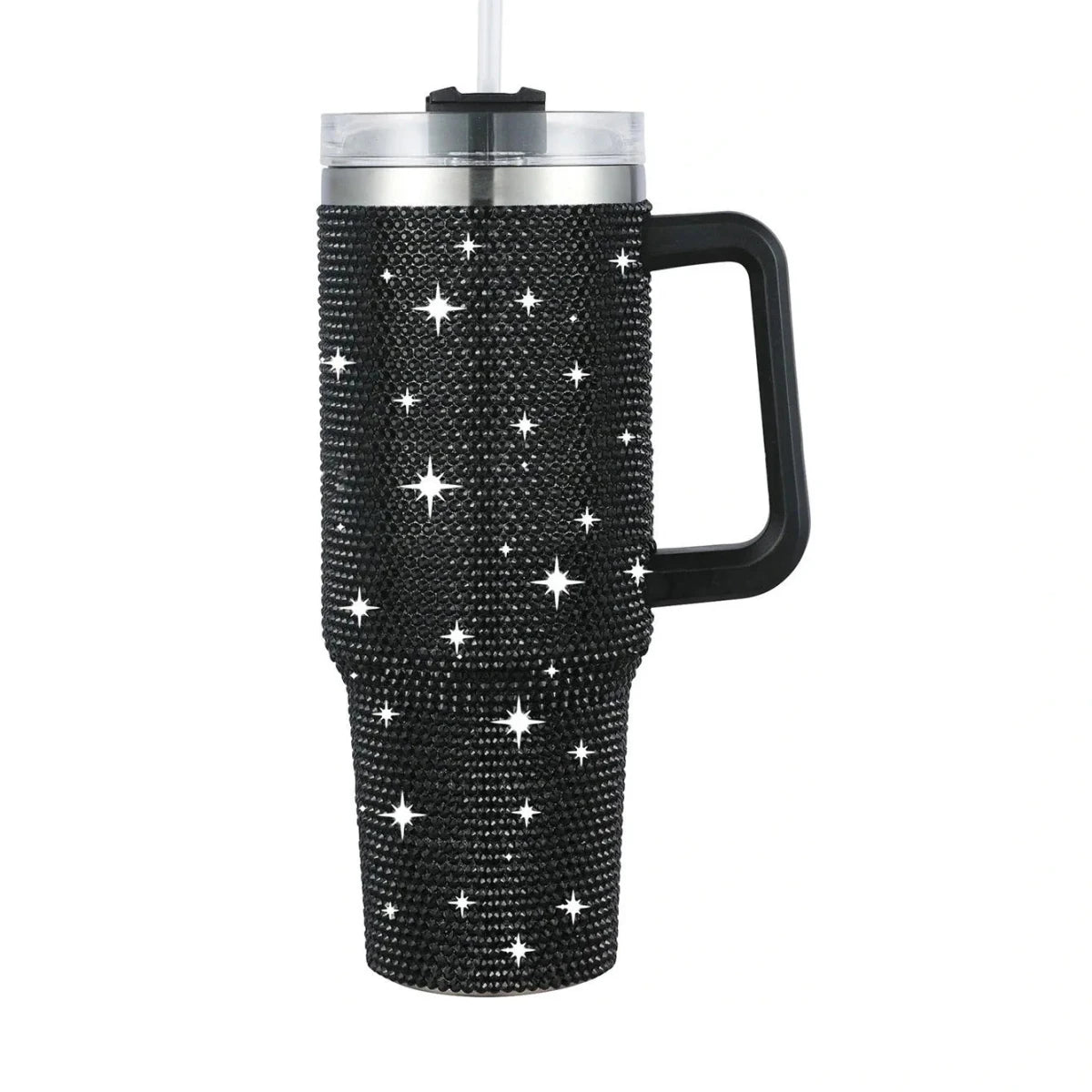 Glitter-coated stainless steel tumbler with diamond design, 40oz capacity, by MANDOTOS INTERNATIONAL, showing the sparkly finish and sleek shape.