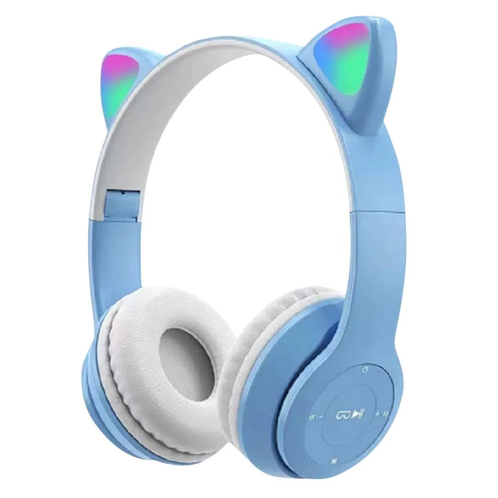 Glow Light Cat Ear Bluetooth Headphones by MANDOTOS INTERNATIONAL, featuring colorful illuminated cat ears for kids and adults.