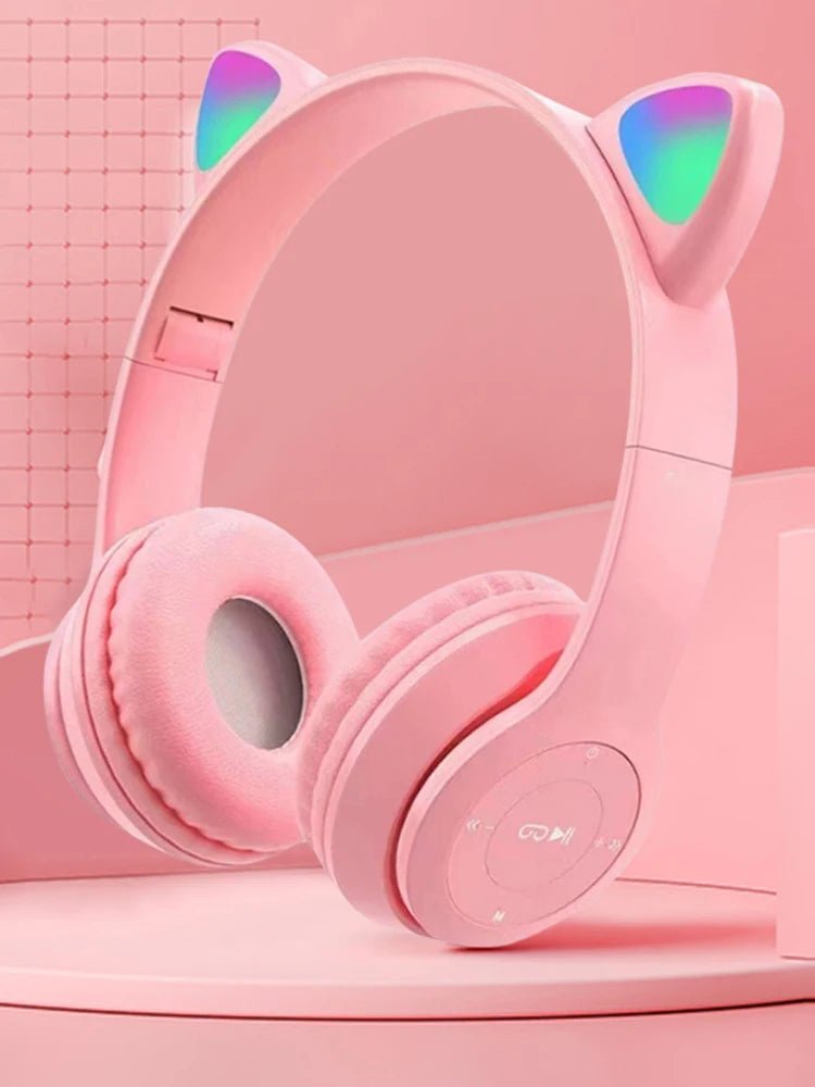 Mandotos International glow light cat ear Bluetooth headphones for kids and adults with illuminated cat ears and comfortable headband.