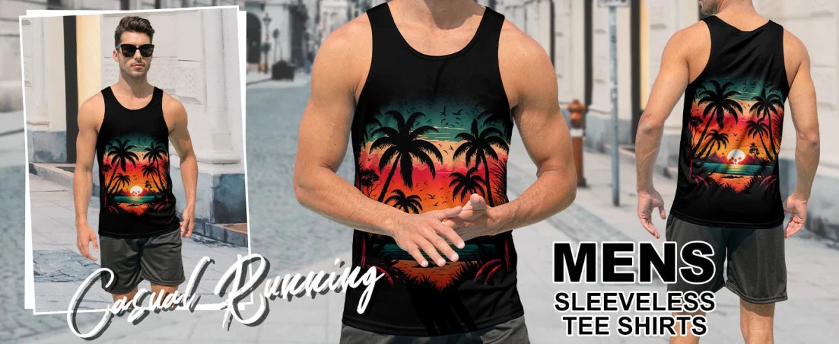 Mandotos International Hawaiian style palm print men's tank top, perfect for summer beach trips, featuring vibrant tropical design.