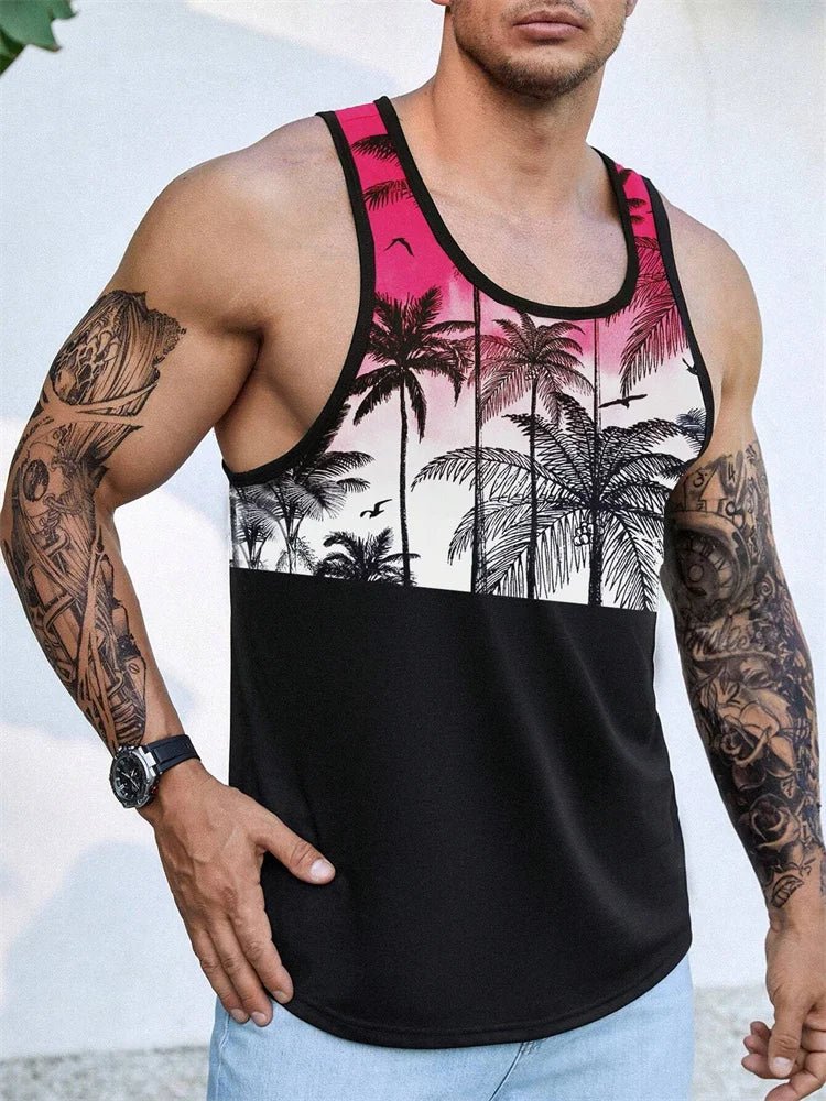 Mandotos International Hawaiian palm print men's tank top, perfect for summer beach trips and casual warm weather wear.