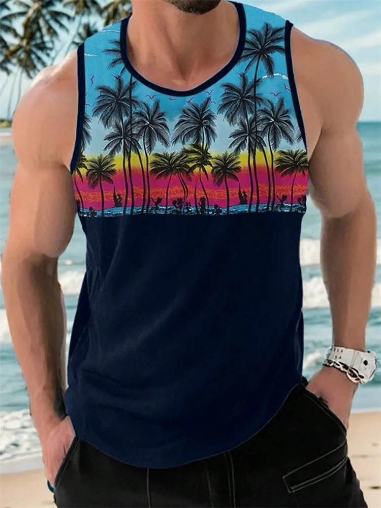 Hawaiian style palm print men's tank top by MANDOTOS INTERNATIONAL, perfect for summer beach trips, featuring vibrant tropical design.