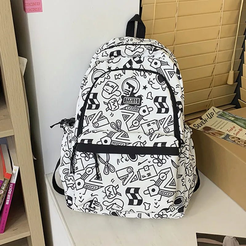 High capacity plaid student backpack with cute print, designed by MANDOTOS INTERNATIONAL for school and daily use