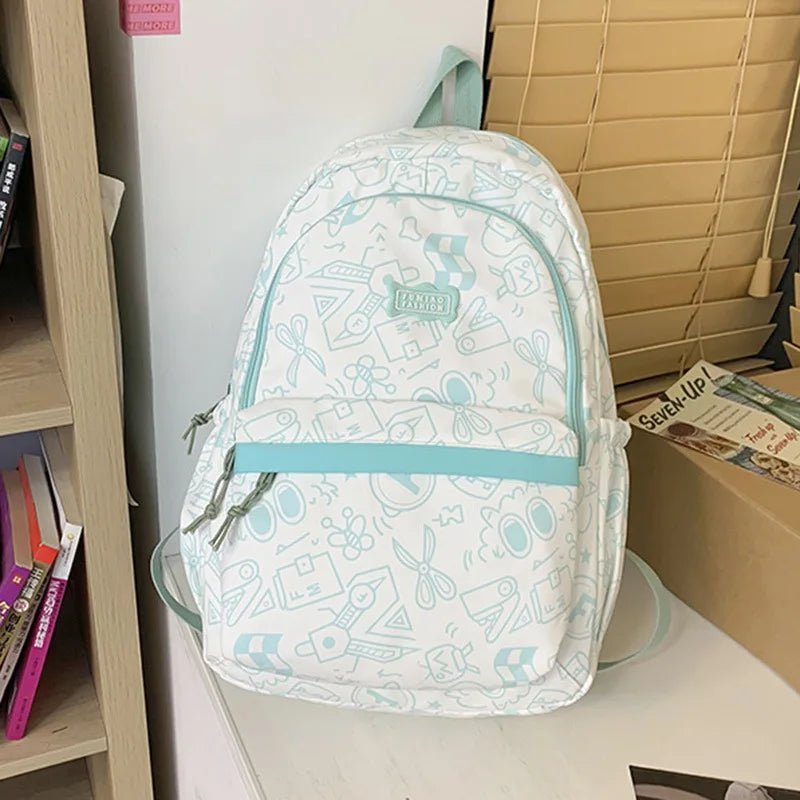 High capacity plaid backpack by MANDOTOS INTERNATIONAL with cute print, ideal for students and school use.
