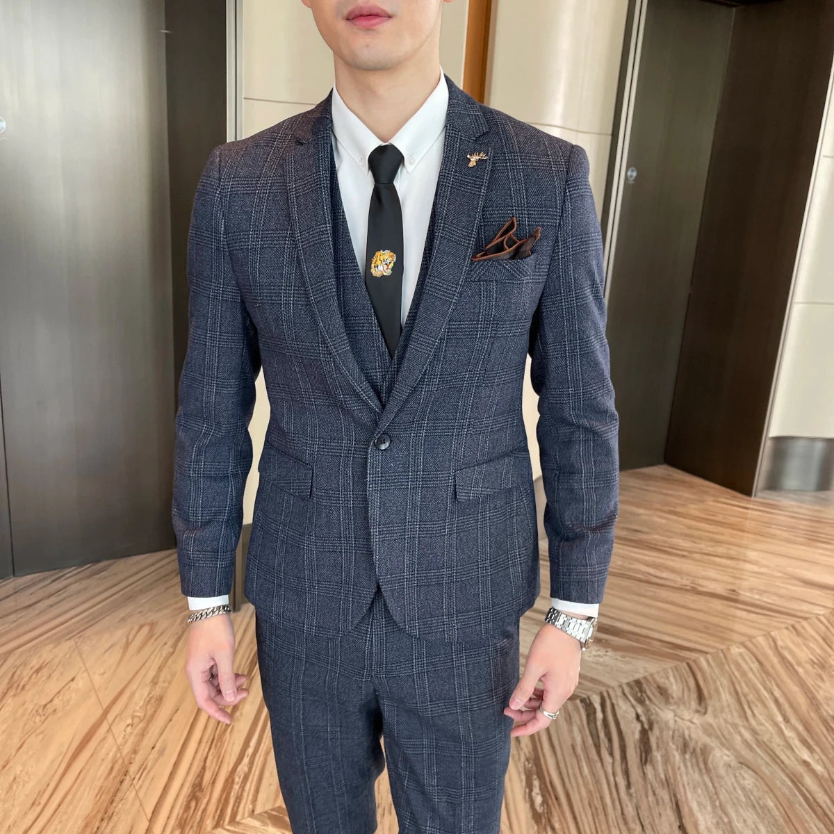 High-quality British Korean style plaid men's 3-piece business casual suit set by MANDOTOS INTERNATIONAL, featuring a blazer, vest, and trousers.