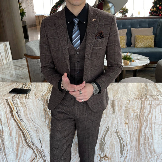 British Korean style plaid men's 3-piece business casual suit set by MANDOTOS INTERNATIONAL, featuring a blazer, vest, and trousers.