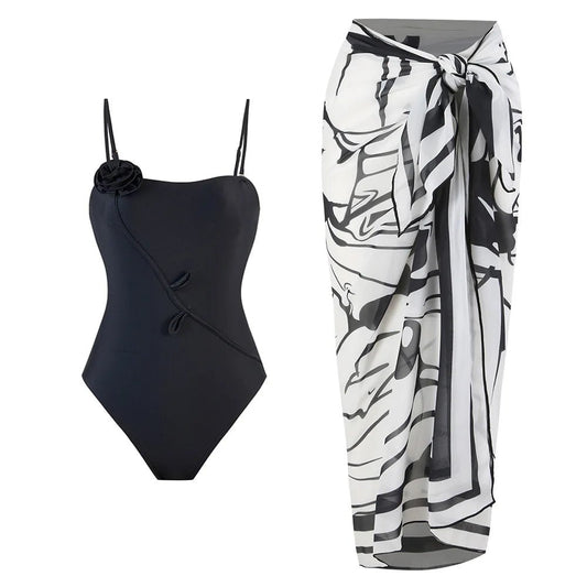 High-quality swimwear fabric with printed sarong and bikini set, includes beach coverup wrap skirt and customizable logo bathing suit.