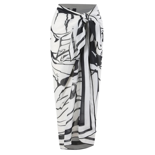 Mandotos International high-quality swimwear fabric, women’s printed sarong and bikini set with beach coverup wrap skirt and 2-piece design.