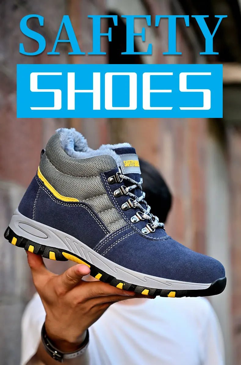 Mandotos men's winter safety boots with steel toe cap, plush lining, puncture-proof soles, ideal for work and cold weather.