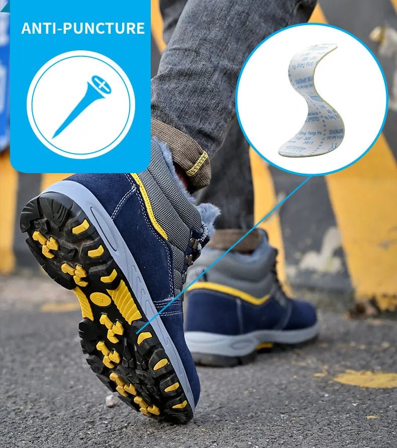 Mandotos men's winter safety boots with steel toe cap, plush lining, puncture-proof sole, ideal for work and cold weather protection.