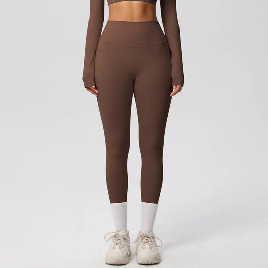 Mandotos International high waist women's stretch yoga leggings with pockets, push-up design, ideal for fitness, running, and sports.