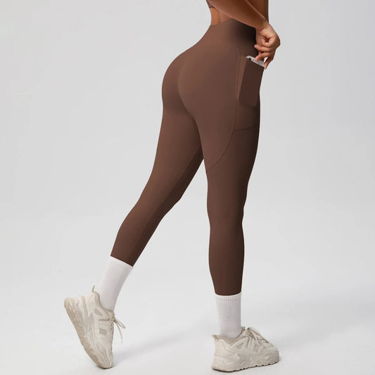 Mandotos high waist women's stretch yoga leggings with pockets, push-up design, ideal for fitness, running, and sports in solid color