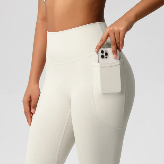 Mandotos International high waist women's leggings with stretch, pockets, and push-up fit for yoga, running, and fitness activities.