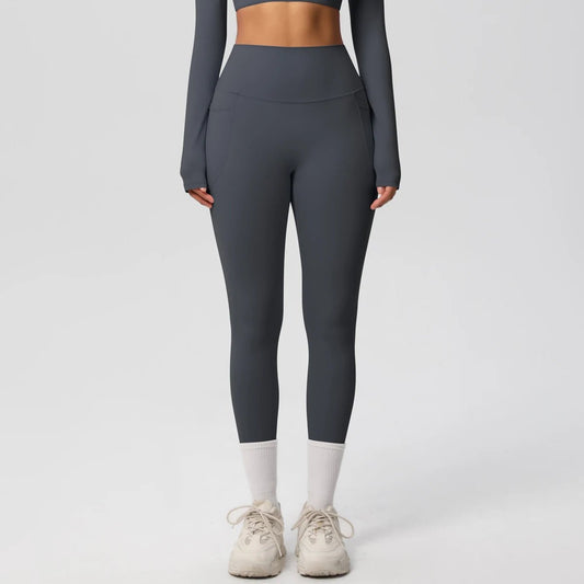 Mandotos high waist women's yoga leggings with pockets, stretch fabric, push-up fit, ideal for fitness, running, and sports.
