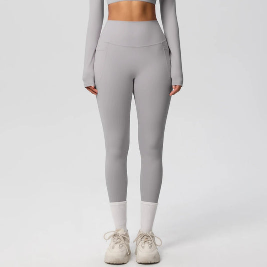Mandotos International high waist women's leggings with pockets, stretchy yoga pants, solid color fitness and running sportswear.
