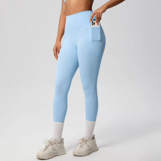 Mandotos high waist women's stretch yoga leggings with pockets, push-up fit, ideal for fitness, running, and sports in solid color.