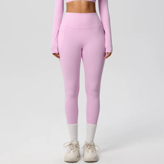 High waist women's Mandotos International yoga leggings with pockets, stretch fabric, and push-up design for fitness and running.