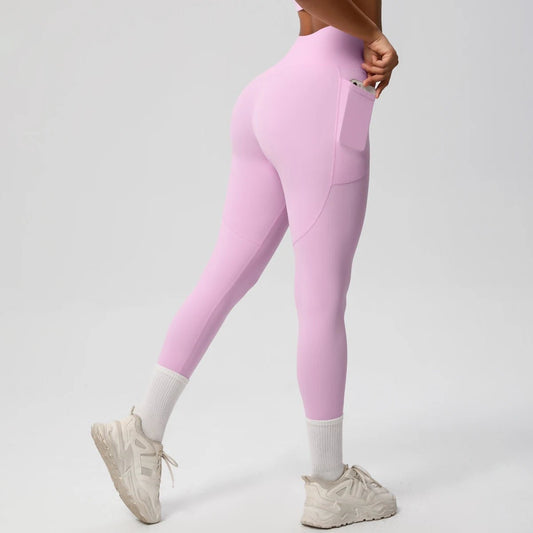 High waist women's Mandotos International yoga leggings with pockets, stretch fit, push-up design, ideal for fitness, running, and sports.