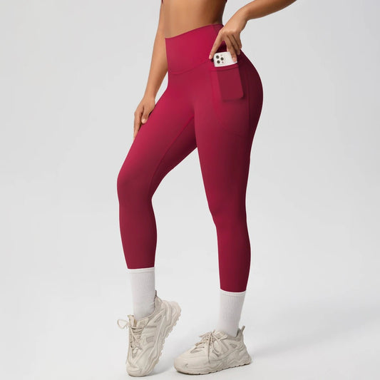 Mandotos International high waist women's stretch yoga leggings with pockets, push-up design, ideal for fitness, running, and sports.