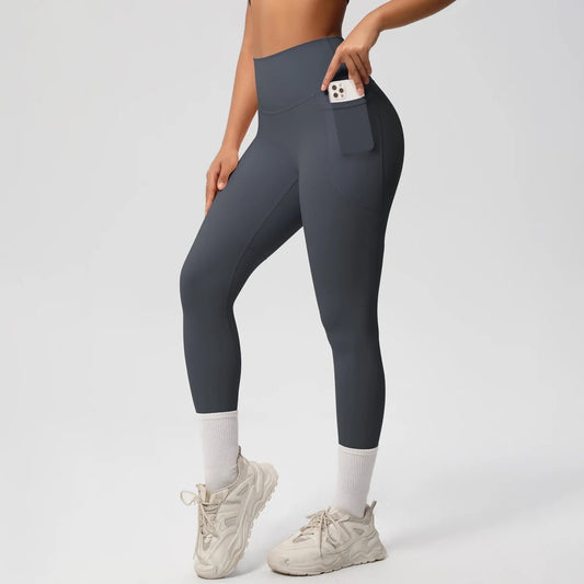 Mandotos International high waist women's stretch yoga leggings with pockets, push-up fit, ideal for fitness and running, solid color
