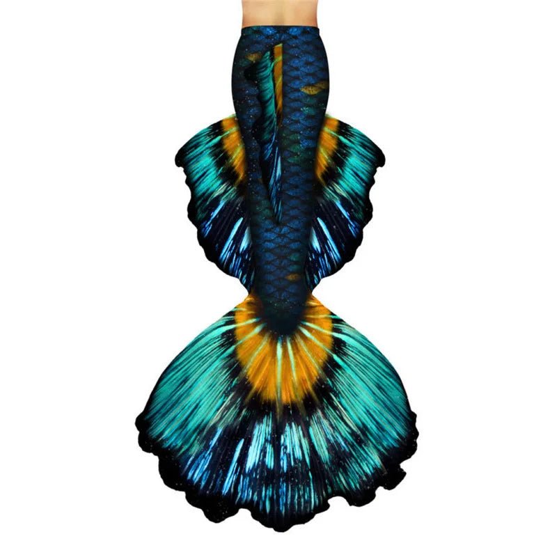 Mandotos International customized mermaid tail bikini set for freediving, featuring vibrant colors and realistic mermaid tail design.