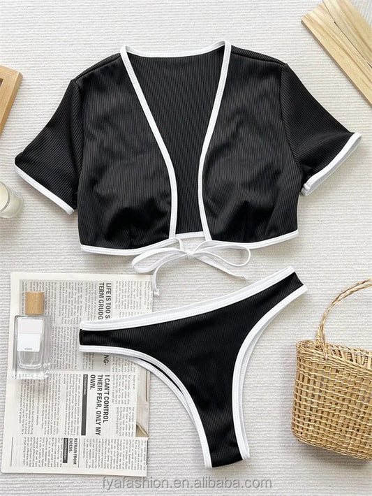 Mandotos International hot micro girl two-piece racing bikini crop top and swimwear short sleeve suit, vibrant and stylish for competition swimming.
