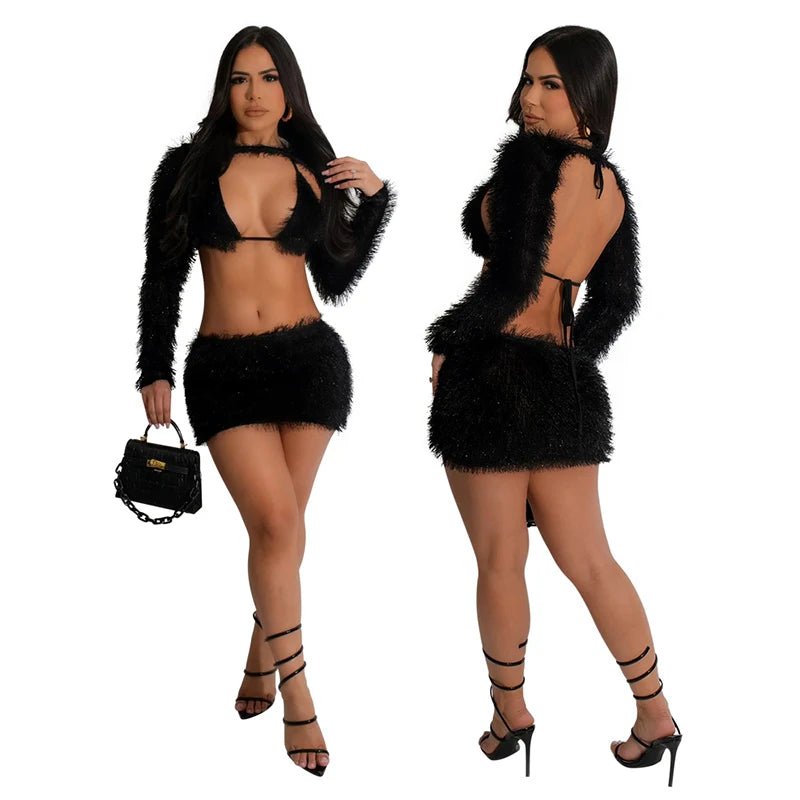 Mandotos International fleece 3-piece bikini and skirt set for ladies, suitable for club and party wear, in stock.