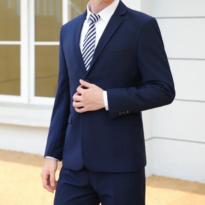 Italian style slim fit 8XL business suit set by MANDOTOS INTERNATIONAL, perfect for wedding grooms and best men.