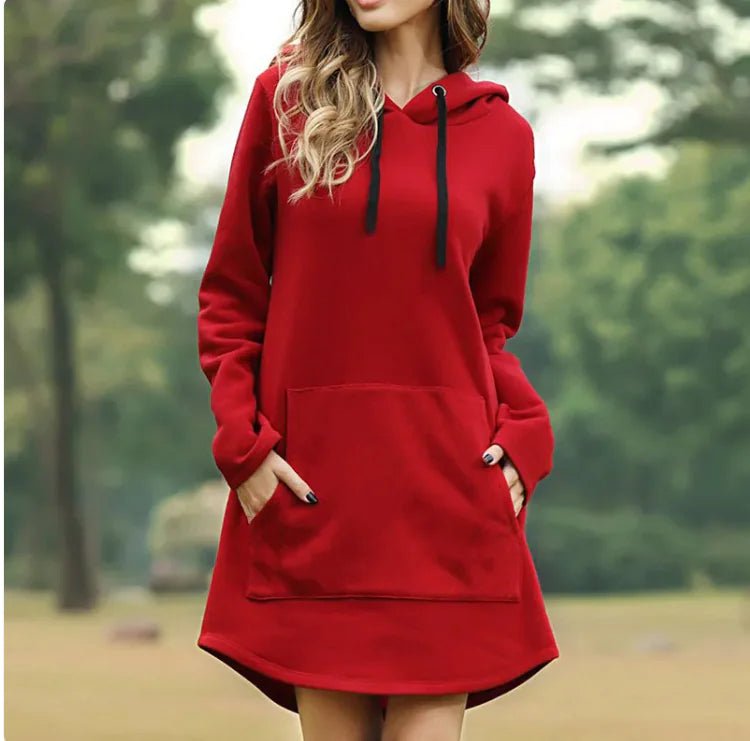 Ladies' hoodie dress with pockets by MANDOTOS INTERNATIONAL, featuring a comfortable fit and casual style.