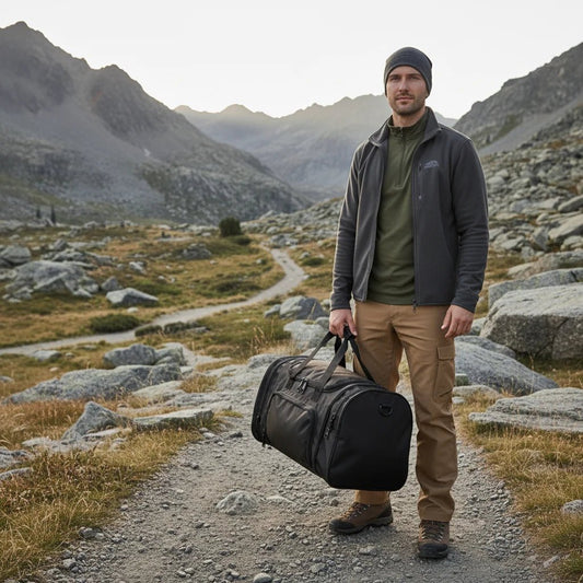 Large capacity MANDOTOS INTERNATIONAL tactical duffel bag with shoe compartment, ideal for travel, gym, or weekend trips.