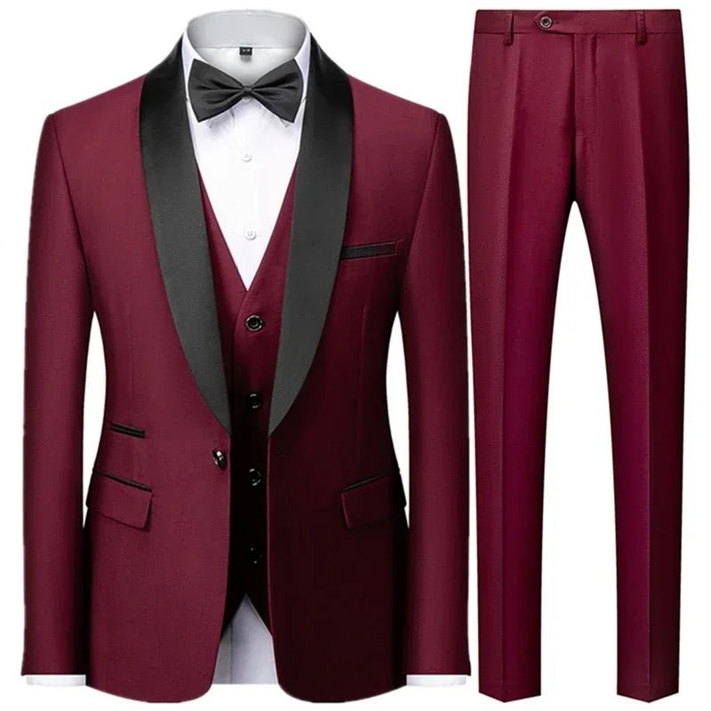 Large size men's three-piece suit by MANDOTOS INTERNATIONAL, slim fit style for autumn wedding parties, tailored and elegant.
