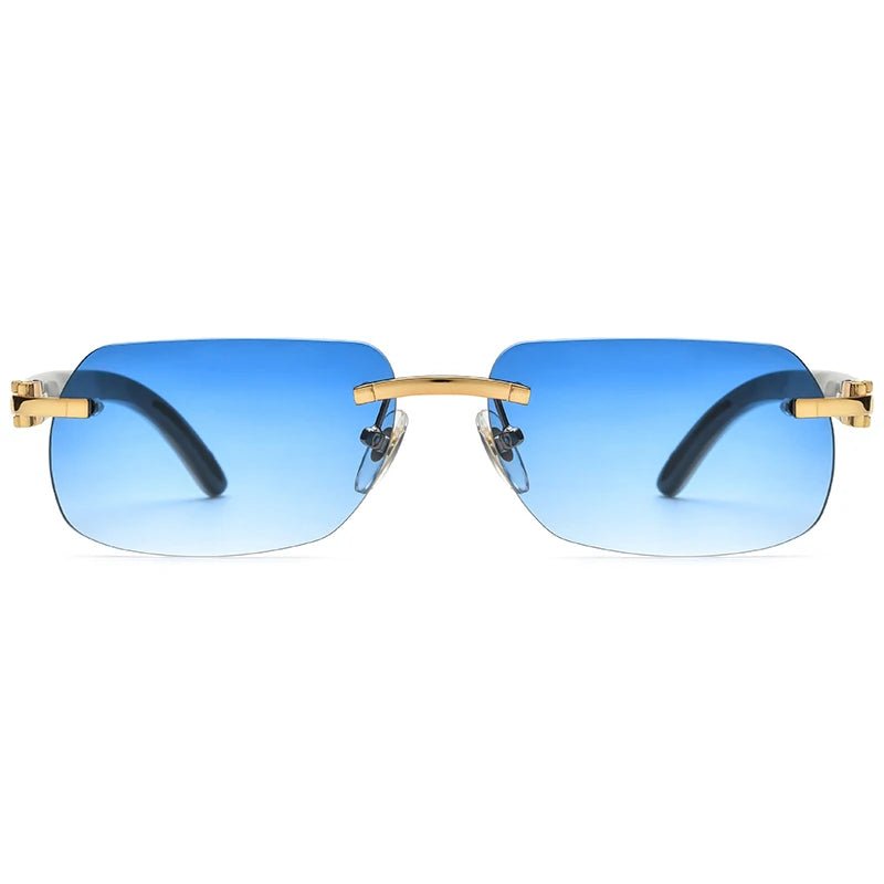Luxury buffalo horn sunglasses for men and women by MANDOTOS INTERNATIONAL, stylish design with dark tinted lenses.