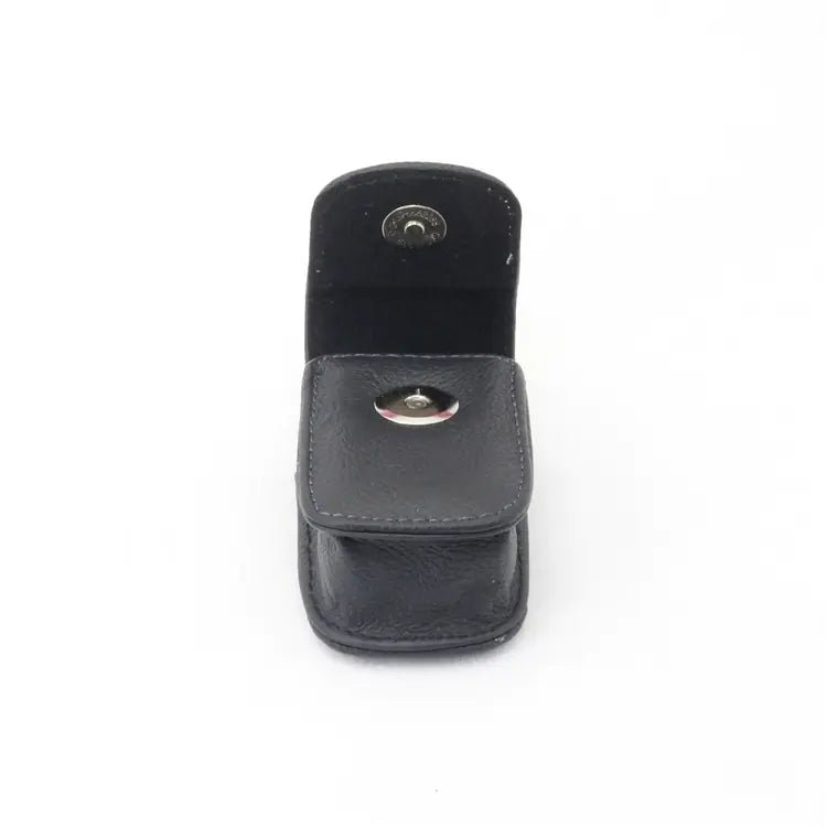 Luxury leather folding eyewear case by MANDOTOS INTERNATIONAL with sleek design and secure clasp for stylish protection of glasses.
