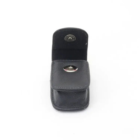 Luxury leather folding eyewear case by MANDOTOS INTERNATIONAL with sleek design and secure clasp for stylish protection of glasses.