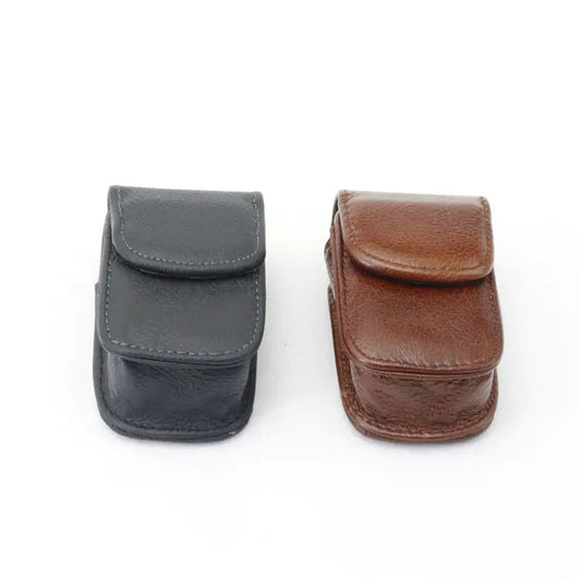 Luxury leather folding eyewear case by MANDOTOS INTERNATIONAL with a sleek, compact design for stylish protection of glasses.