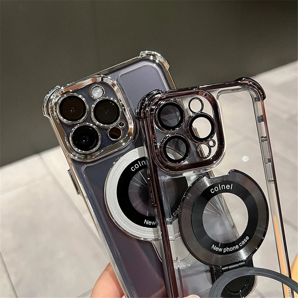 Luxury shockproof magnetic MagSafe case for iPhone 17 Pro Max by MANDOTOS INTERNATIONAL, showing a sleek black design with reinforced edges.