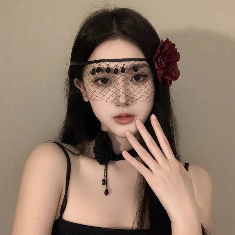 Mandotos International lace half-face masquerade mask with gothic design, elegant for fancy dress, Halloween, and themed events.