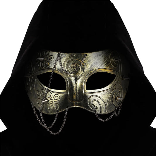 Mandotos International medieval knight armor half face mask for adults, masquerade costume accessory with detailed metallic design.